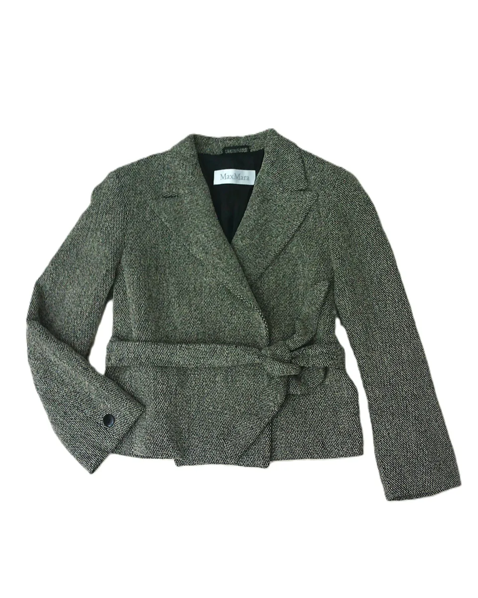 Max Mara Tweed Jacke Wolljacke mit Gürtel , Schwarz Ecru , Gr. 38 / M